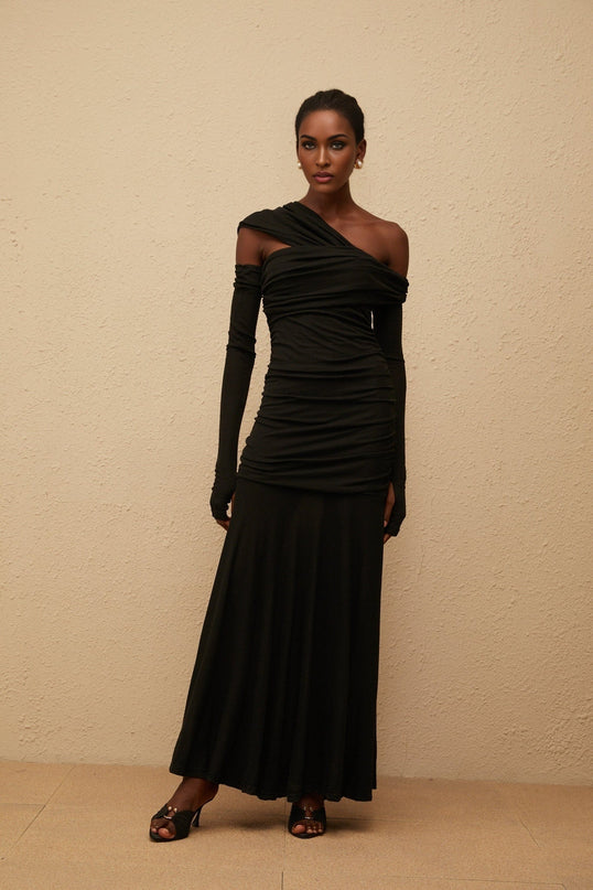 Noemi Maxi Dress in Black one-shoulder ruched cut-out Terylene knit fitted waistline gloves shirred panel special occasion luxury elegance sophistication silhouette dramatic flair timeless style