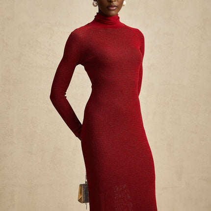 Noemi Midi Dress in Burgundy Red with Mock Neck and Pointelle Design