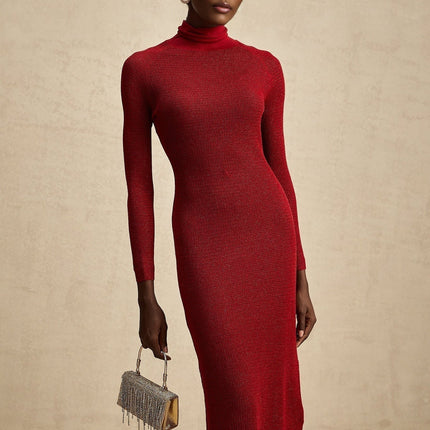 Noemi Midi Dress in Burgundy Red Mock Neck Pointelle Metallic Threading Long Sleeve Straight Hem Slip-On Style Calf Length