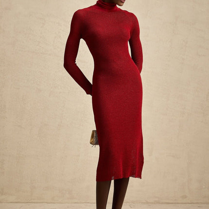 Noemi Midi Dress Burgundy Red Pointelle Mock Neck Metallic Threading Slip Dress Long Sleeve Straight Hem Viscose Terylene Nylon Spandex