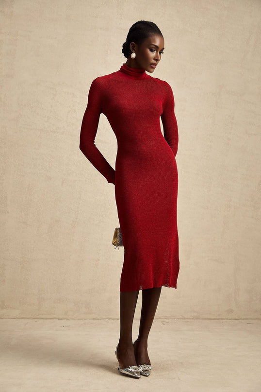 Noemi Midi Dress Burgundy Red Pointelle Mock Neck Metallic Threading Slip Dress Long Sleeve Straight Hem Viscose Terylene Nylon Spandex