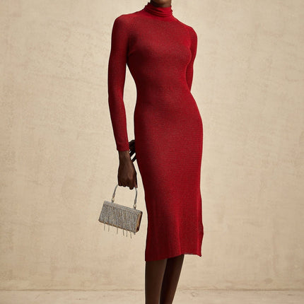 Noemi Midi Dress in Burgundy Red with Mock Neck and Pointelle design