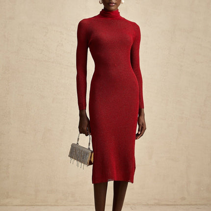 Noemi Midi Dress in Burgundy Red with Mock Neck and Pointelle design