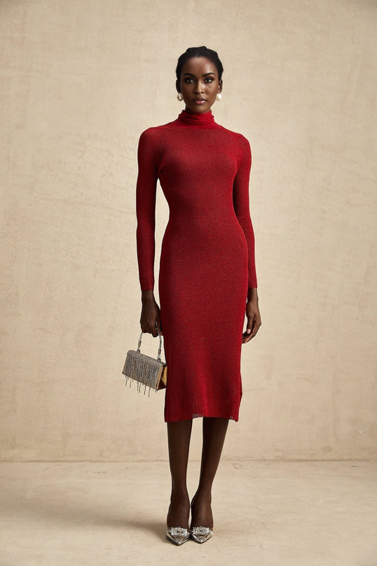 Noemi Midi Dress in Burgundy Red with Mock Neck and Pointelle design