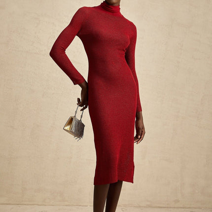 Noemi Midi Dress in Burgundy Red Mock Neck Pointelle Metallic Threading Slip Dress Long Sleeves Straight Hem Viscose Terylene Nylon Spandex