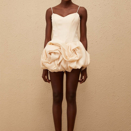 Noemi Mini Dress in Neutrals 3D-petal detailing V-neck boned bodice bubble skirt smocked panel luxury refinement rear zip fastening mini length Terylene fiber