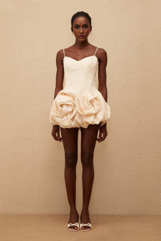 Noemi Mini Dress in Neutrals 3D-petal detailing V-neck boned bodice bubble skirt smocked panel luxury refinement rear zip fastening mini length Terylene fiber