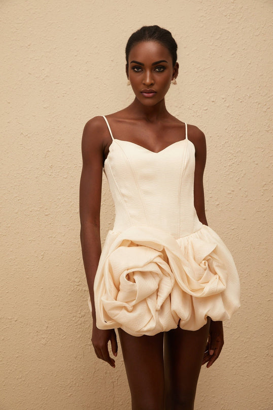 Noemi Neutrals Mini Dress V-neck adjustable spaghetti straps cinched waist 3D-petal detailing boned bodice bubble skirt smocked panel rear zip fastening mini length Terylene fiber