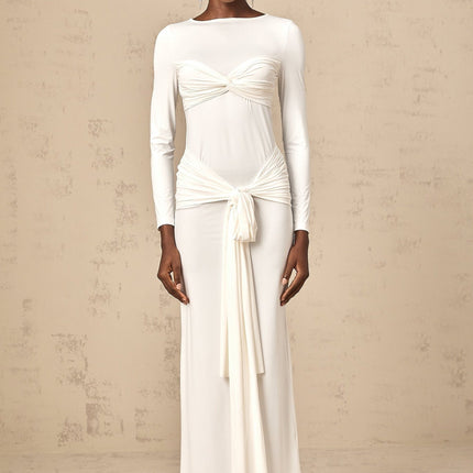 Noemi White Maxi Dress with Ribbon and Ruched Detailing