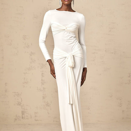 Noemi White Maxi Dress with Ribbon and Ruched Detailing