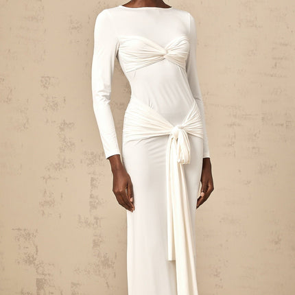 Noemi White Maxi Dress with Ribbon, Ruched Detailing, Twist Detailing, and Knotted Design