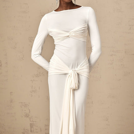 Noemi White Maxi Dress Long Sleeves Round Neck Ribbon Ruched Twist Knotted Fitted Silhouette Rear Zip Fastening Luxurious Blend Polyamide Elastane
