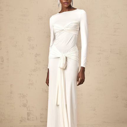 Noemi White Maxi Dress with Ribbon and Ruched Detailing