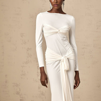 Noemi White Maxi Dress with Ribbon, Ruched, Twist, and Knotted Design