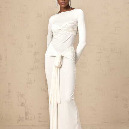 Noemi White Maxi Dress with Ribbon Design and Ruched Detailing