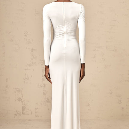 Noemi White Maxi Dress with Ribbon, Ruched, Twist, and Knotted Detailing