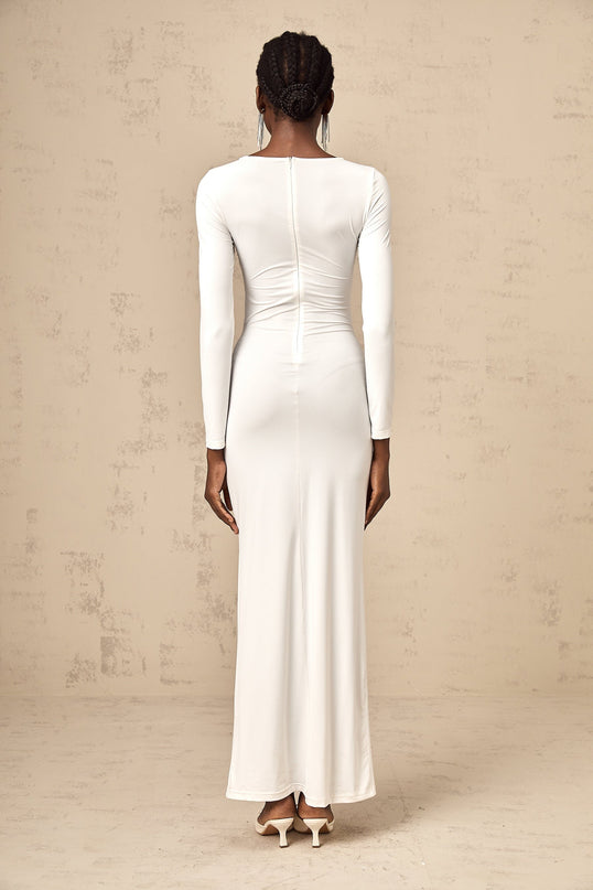 Noemi White Maxi Dress with Ribbon, Ruched, Twist, and Knotted Detailing