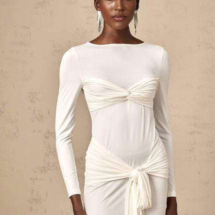 Noemi White Maxi Dress with Ribbon, Ruched Detailing, Twist Detailing, and Knotted Design