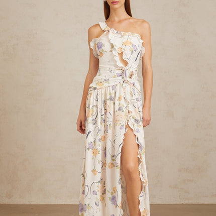 Noémie Neutral Floral Ruffled Trim Maxi Dress