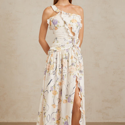 Noémie Neutral Floral Ruffled Trim Maxi Dress