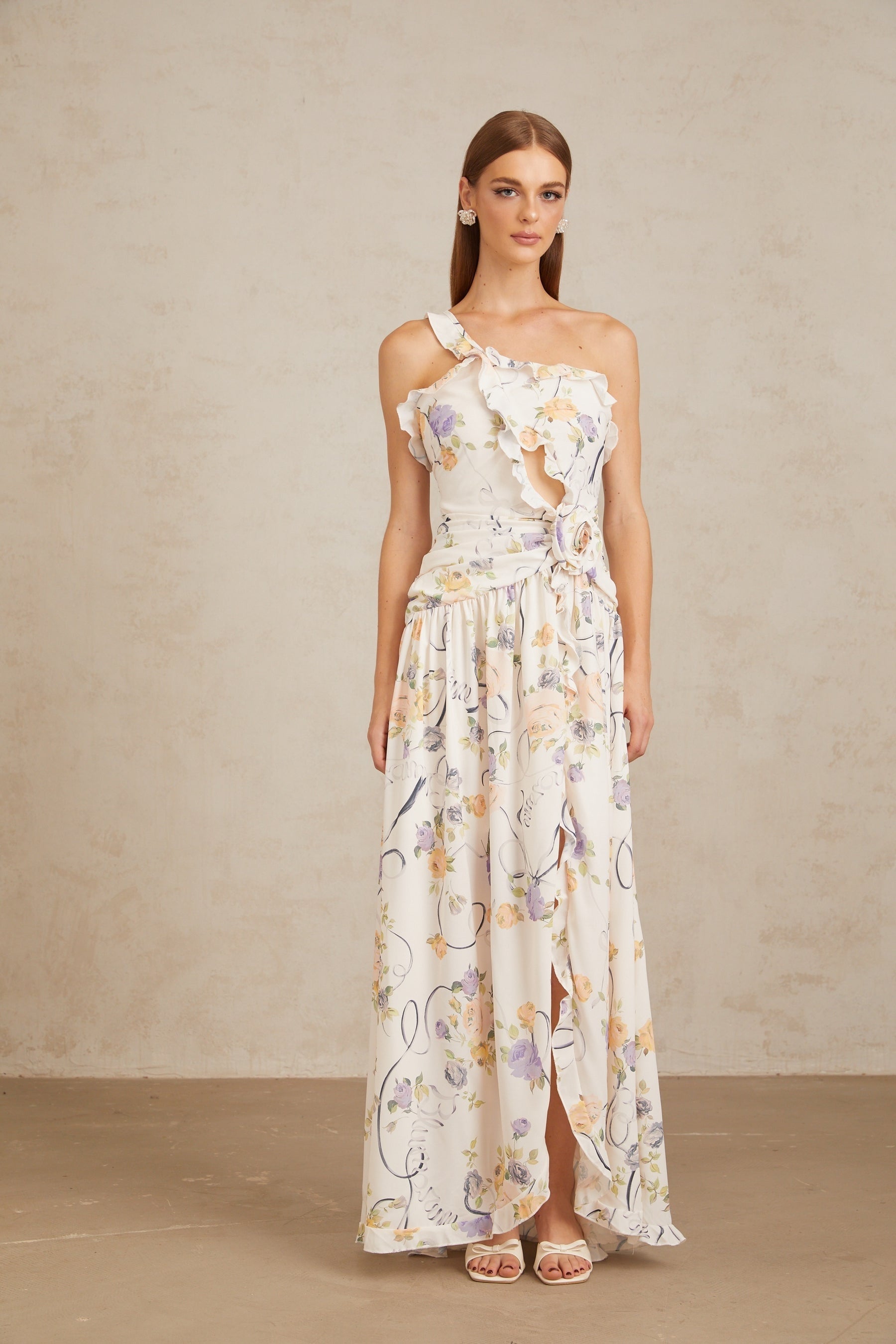 Noémie Neutral Floral Ruffled Trim Maxi Dress