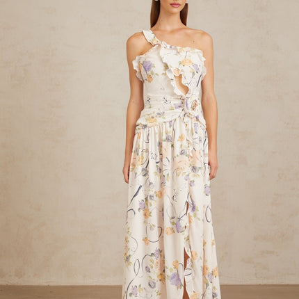 Noémie Neutral Floral Ruffled Trim Maxi Dress