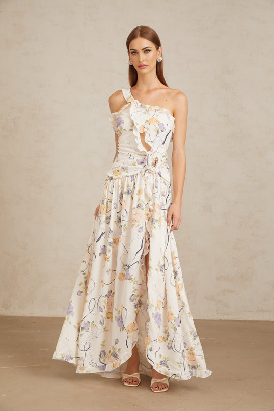 Noémie Neutral Floral Ruffled Trim Maxi Dress