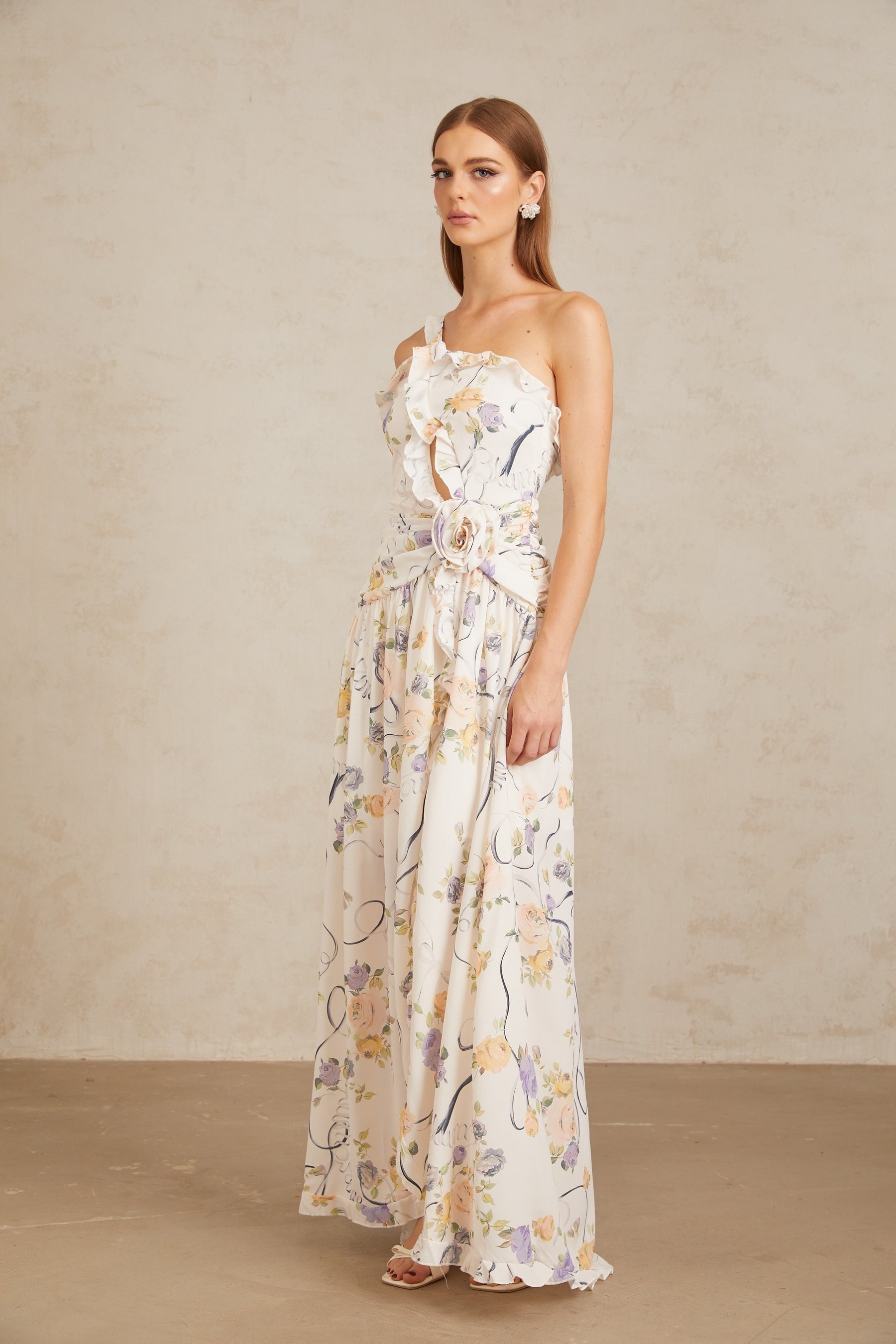 Noémie Neutral Floral Ruffled Trim Maxi Dress