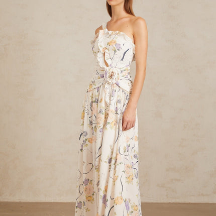 Noémie Neutral Floral Ruffled Trim Maxi Dress