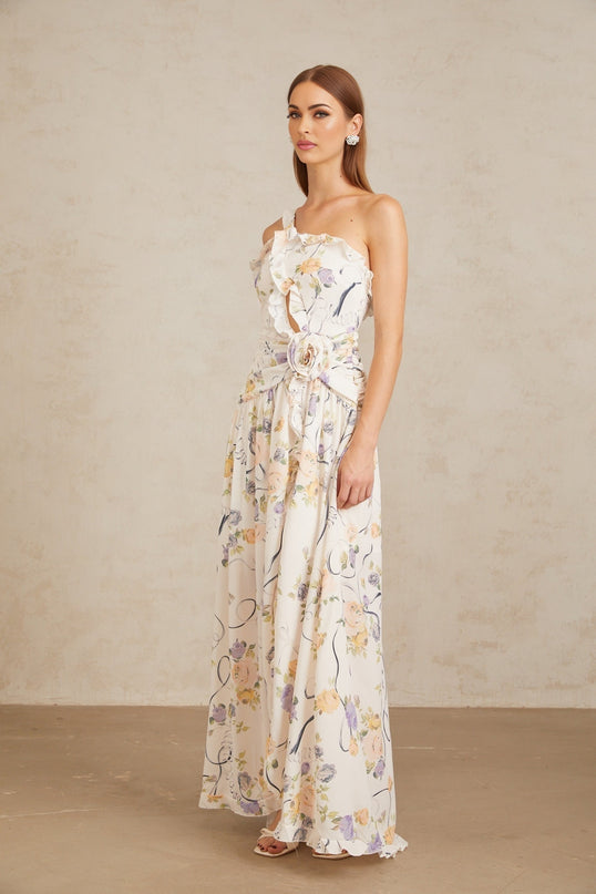 Noémie Neutral Floral Ruffled Trim Maxi Dress