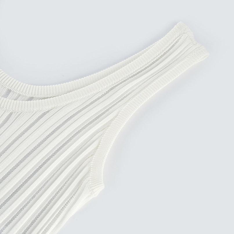 Noémie Sleeveless Mini Dress White Pleated Texture U-Neck Cutout Flared Skirt