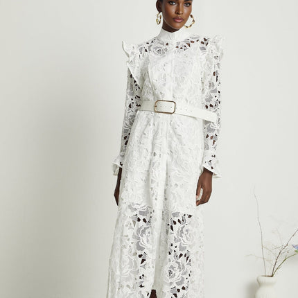 Noémie White Lace Midi Dress with Floral Embroidery and Statement Belt