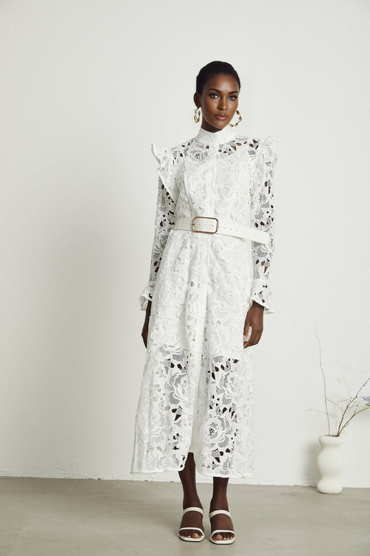 Noémie White Lace Midi Dress with Floral Embroidery and Statement Belt