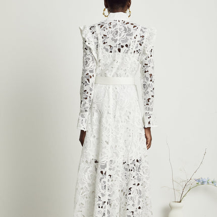 Noémie White Lace Midi Dress with Floral Embroidery and Statement Belt