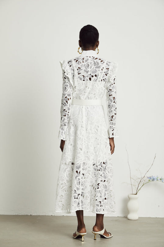 Noémie White Lace Midi Dress with Floral Embroidery and Statement Belt