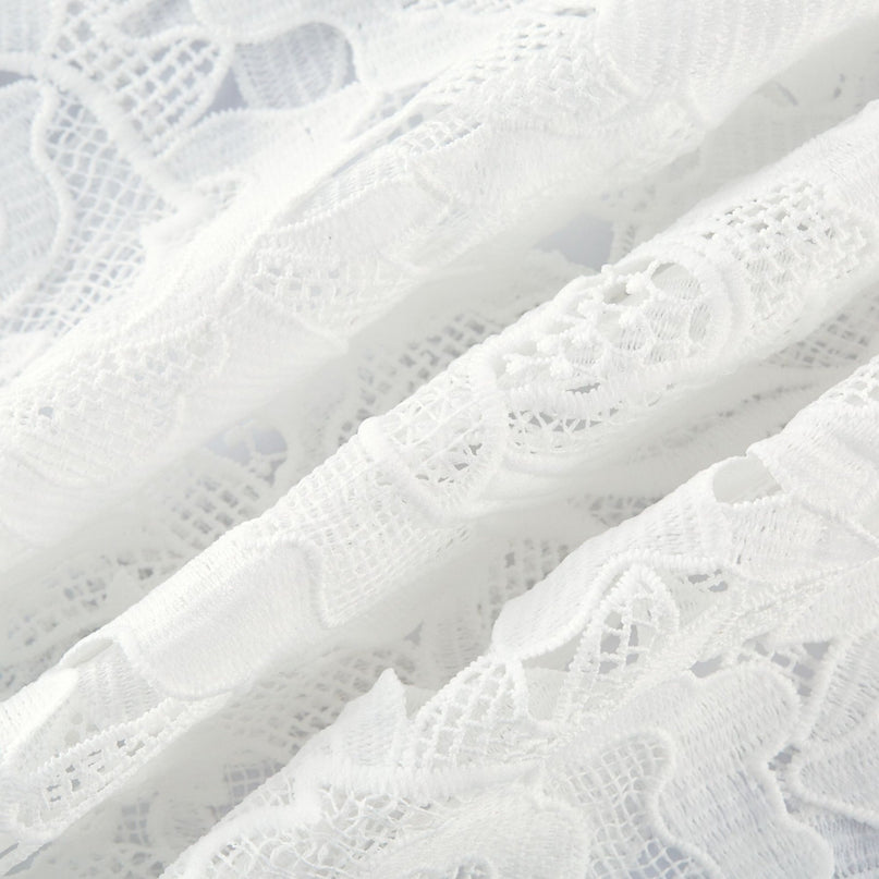 Noémie White Lace Midi Dress with Floral Embroidery and Statement Belt