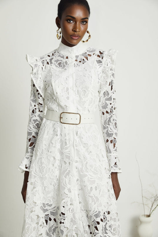 Noémie White Lace Midi Dress with Floral Embroidery and Statement Belt