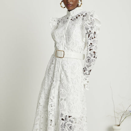 Noémie White Lace Midi Dress with Floral Embroidery and Statement Belt