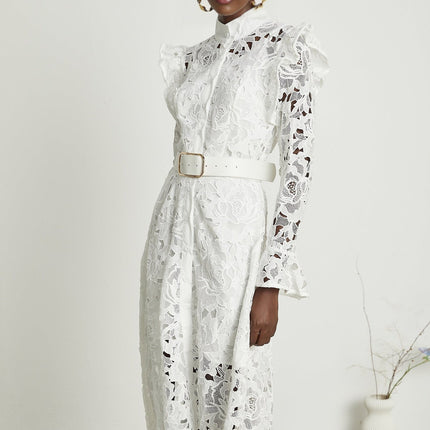 Noémie White Lace Midi Dress with Floral Embroidery and Statement Belt