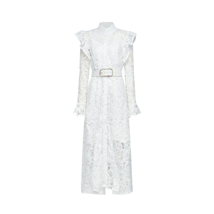 Noémie White Lace Midi Dress with Floral Embroidery and Statement Belt