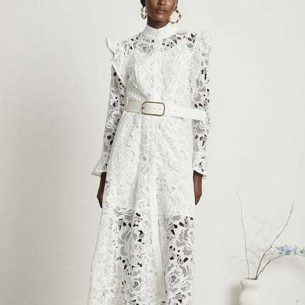 Noémie White Lace Midi Dress with Floral Embroidery and Statement Belt