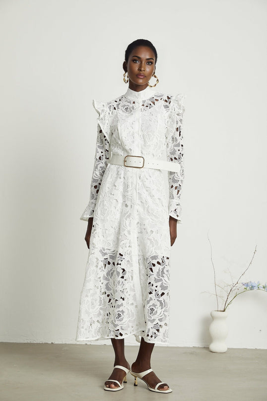 Noémie White Lace Midi Dress with Floral Embroidery and Statement Belt