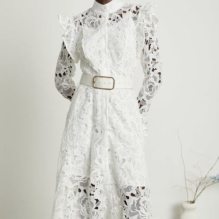 Noémie White Lace Midi Dress with Floral Embroidery and Flared Cuffs