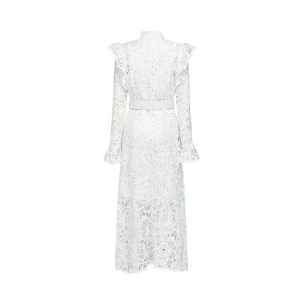 Noémie White Lace Midi Dress with Floral Embroidery and Statement Belt