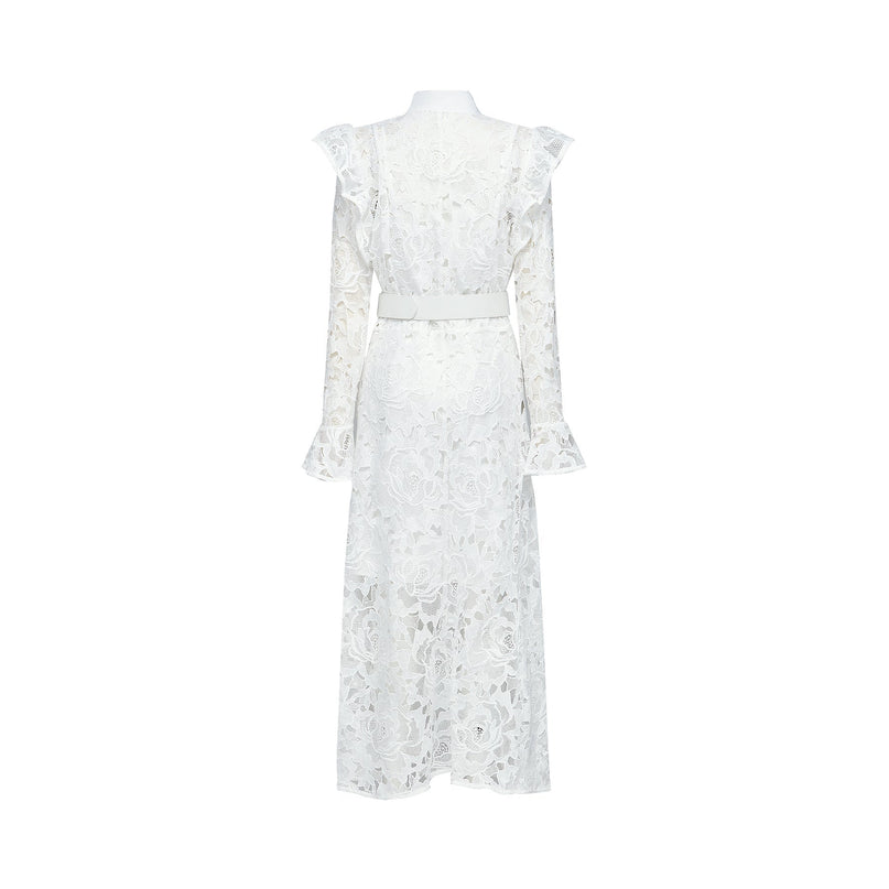 Noémie White Lace Midi Dress with Floral Embroidery and Statement Belt
