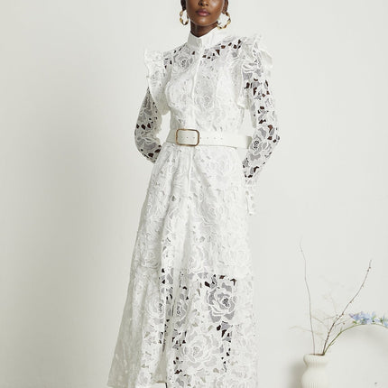 Noémie White Lace Midi Dress with Floral Embroidery and Statement Belt