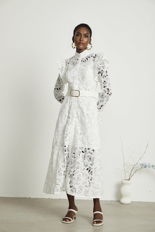 Noémie White Lace Midi Dress with Floral Embroidery and Statement Belt