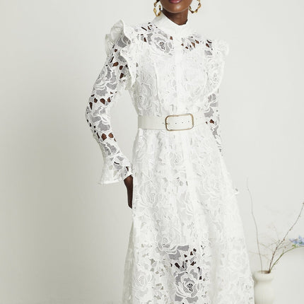 Noémie White Lace Midi Dress with Floral Embroidery and Statement Belt