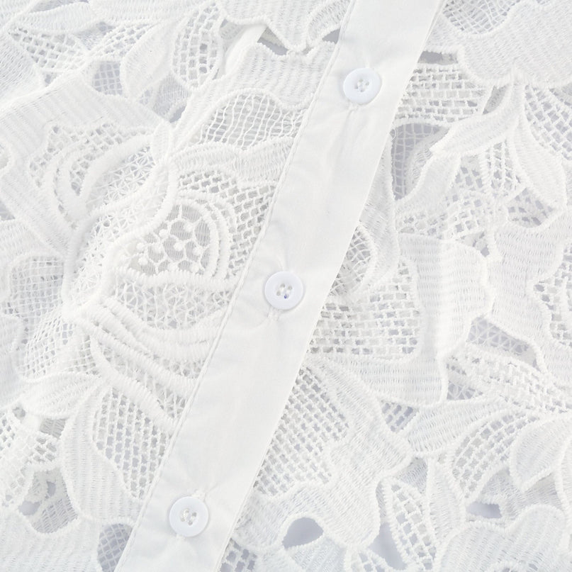 Noémie White Lace Midi Dress with Floral Embroidery and Statement Belt