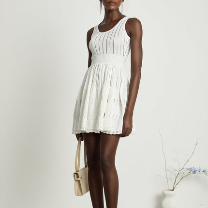 Noémie White Sleeveless Mini Dress U-neck Cutout Pleated Texture Viscose Polyamide Elastane Flared Skirt